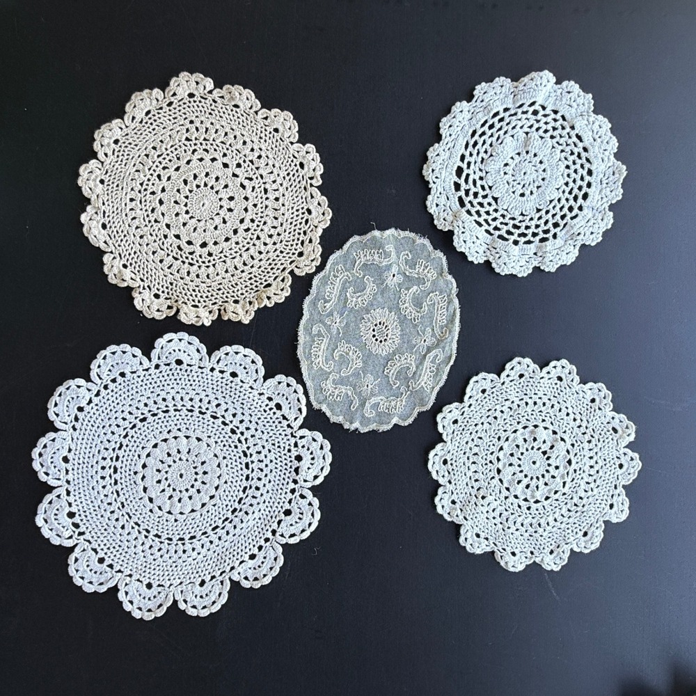 Vintage White and Cream Lace Doilies Set of 5 Handmade Crochet and Netting